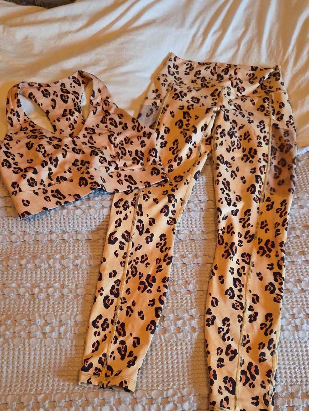 Leopard Print High-Waist Leggings and Sports Bra Set - Tan Small
